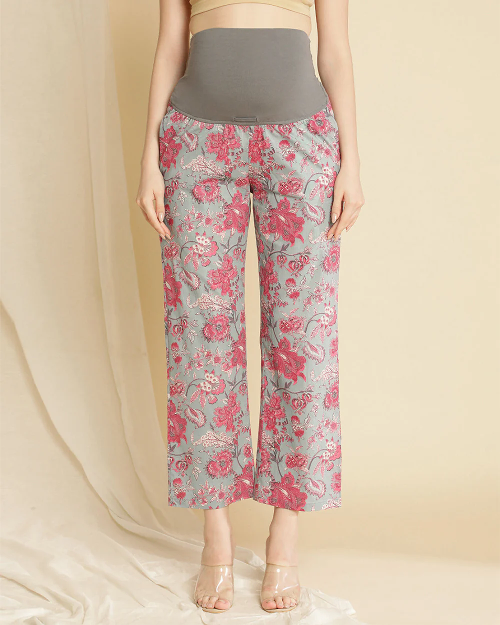 Wobbly Walk Grey Maternity Nursing Coord Set-Floral Print-Cotton-Bump Friendly - Image 4