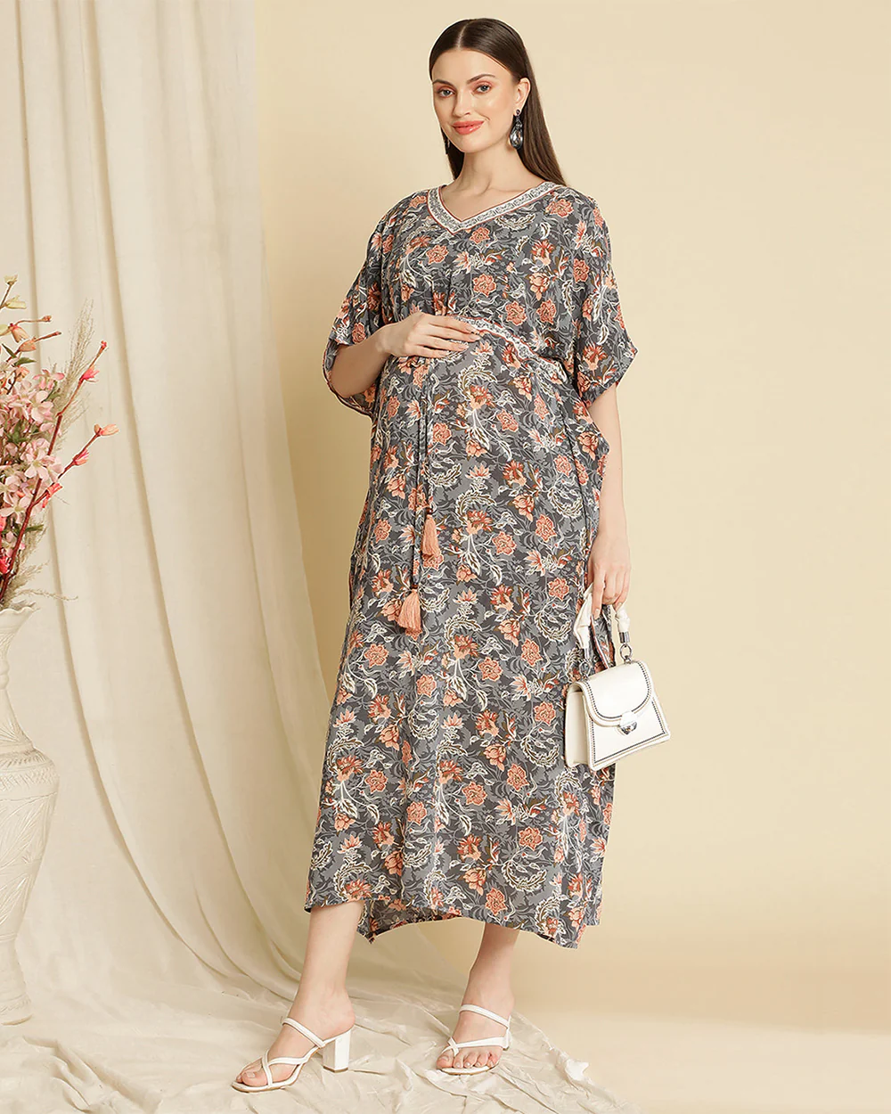 Wobbly Walk Grey Maternity Nursing Kaftan-V Neck-Floral Print-Cotton Viscose-Bump Friendly - Image 3