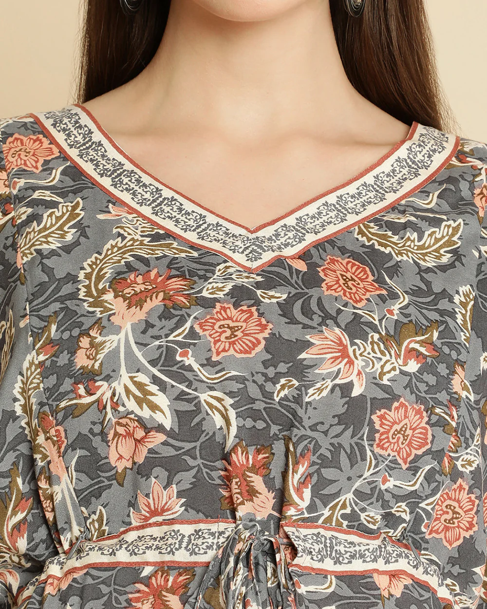 Wobbly Walk Grey Maternity Nursing Kaftan-V Neck-Floral Print-Cotton Viscose-Bump Friendly - Image 4