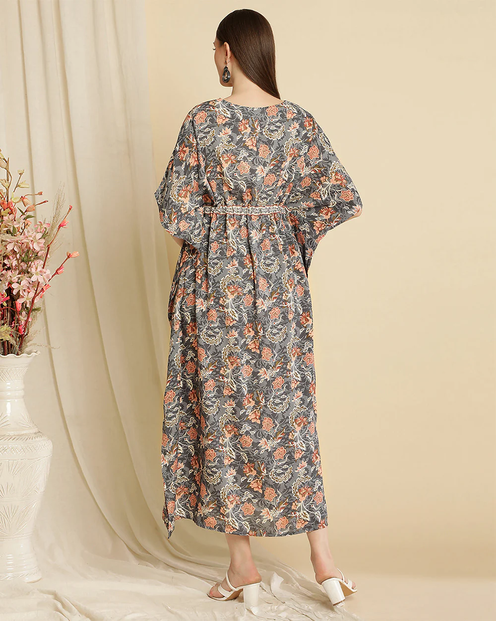 Wobbly Walk Grey Maternity Nursing Kaftan-V Neck-Floral Print-Cotton Viscose-Bump Friendly - Image 6