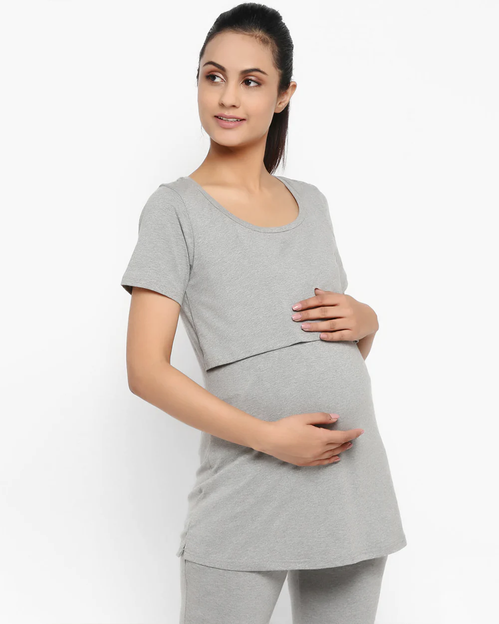 Wobbly Walk Grey Maternity Nursing Top-Solid Color-Cotton-Bump Friendly - Image 4