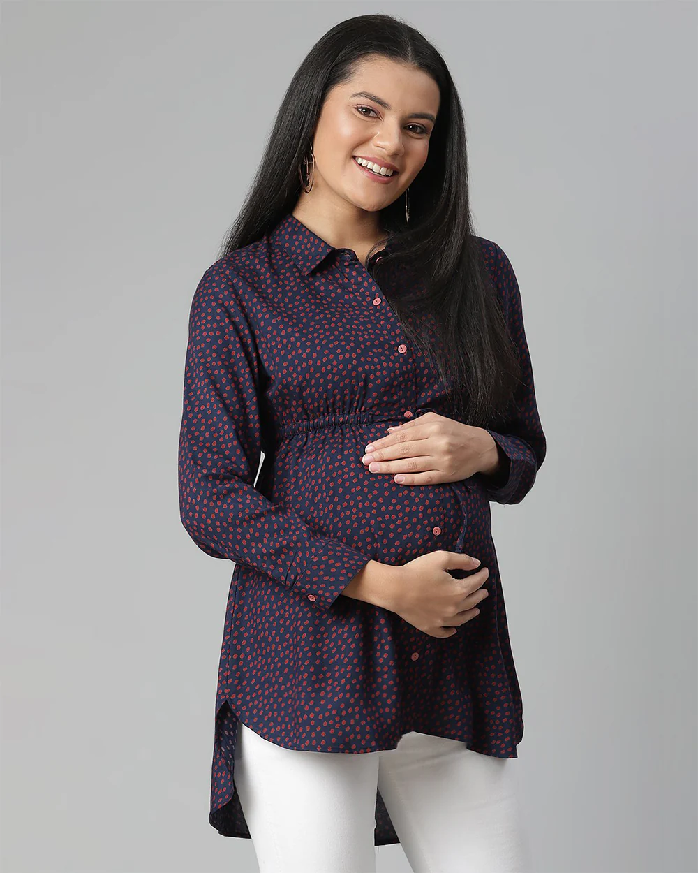 Wobbly Walk Indigo Blue Maternity Nursing Top-Polka Dots Print-Cotton Viscose-Bump Friendly - Image 3