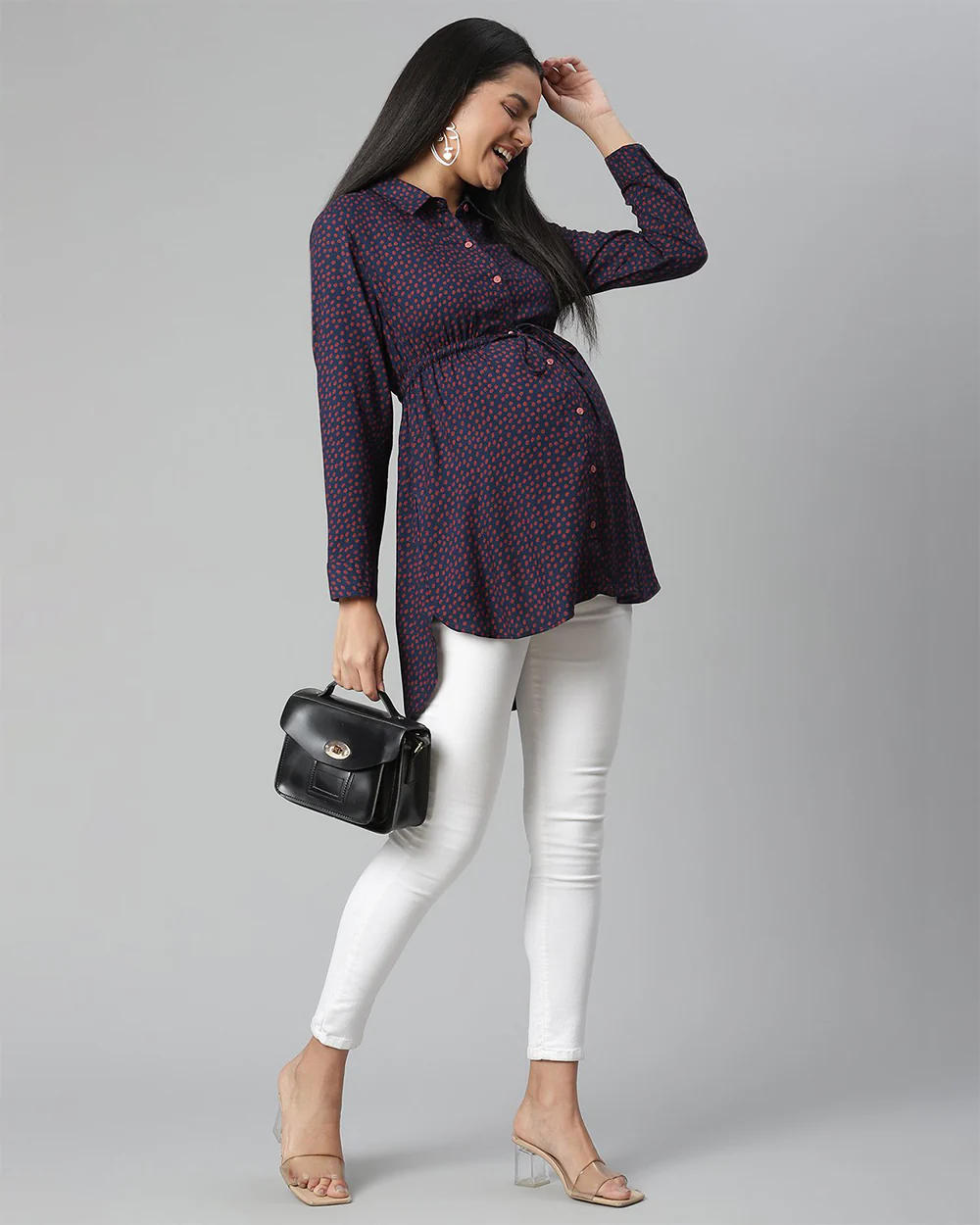 Wobbly Walk Indigo Blue Maternity Nursing Top-Polka Dots Print-Cotton Viscose-Bump Friendly - Image 4