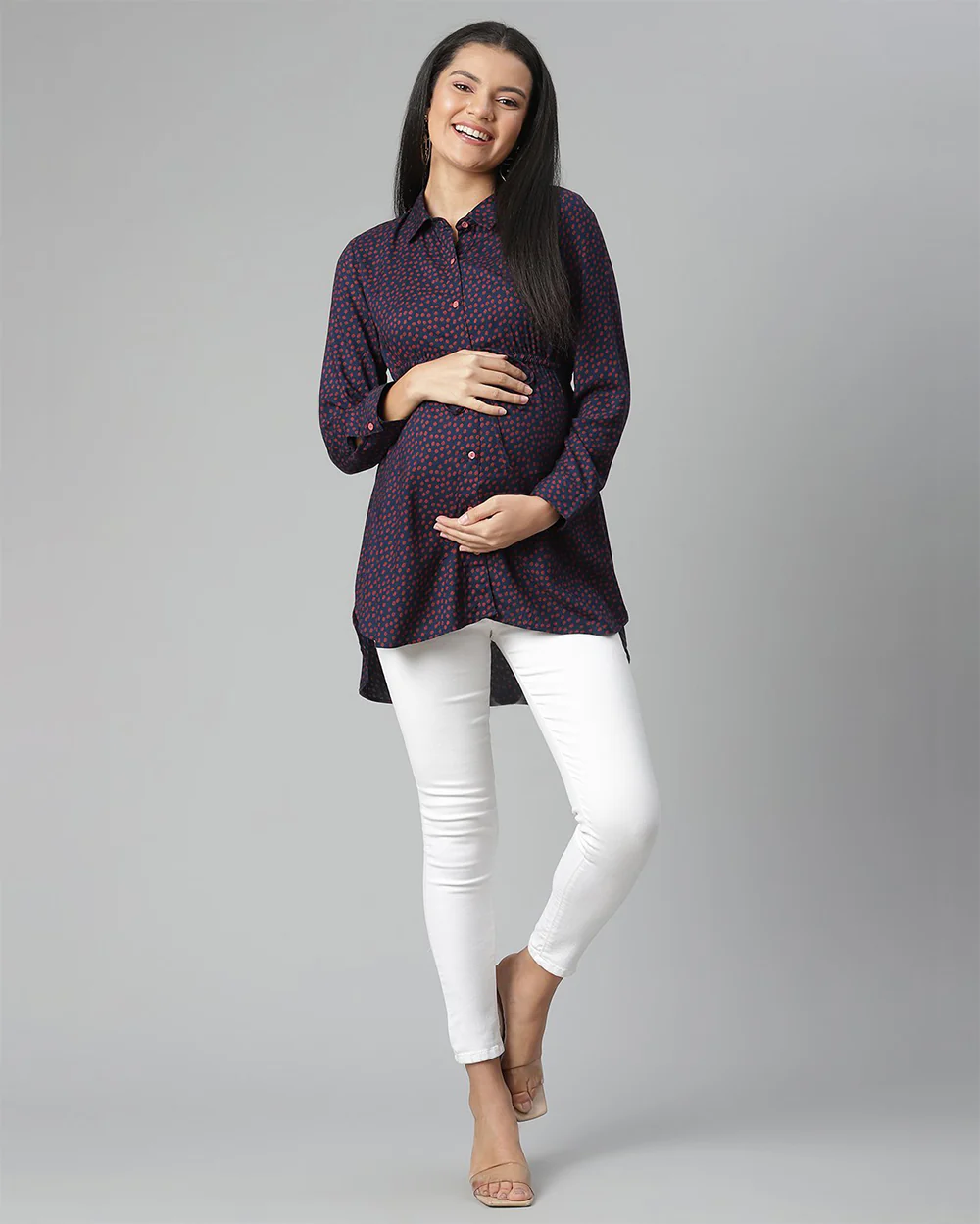 Wobbly Walk Indigo Blue Maternity Nursing Top-Polka Dots Print-Cotton Viscose-Bump Friendly - Image 5