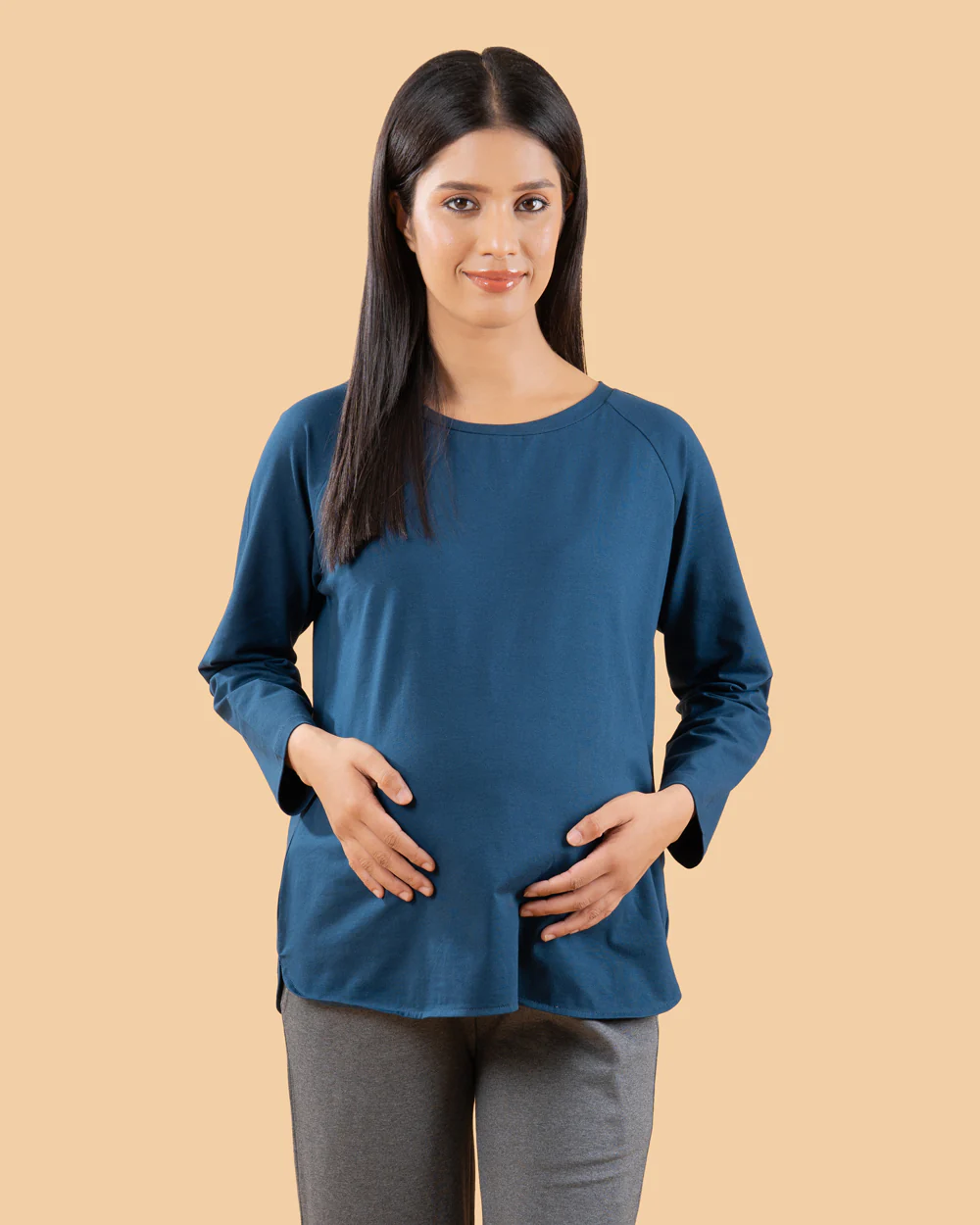 Wobbly Walk Indigo Blue Maternity Top-Solid Color-Cotton-Full Sleeves-Bump Friendly