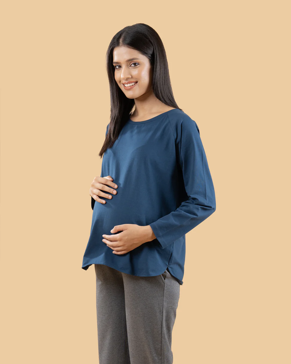 Wobbly Walk Indigo Blue Maternity Top-Solid Color-Cotton-Full Sleeves-Bump Friendly - Image 2