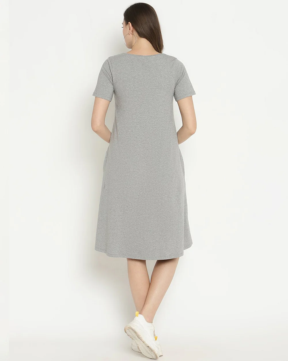 Wobbly Walk Melange Grey Maternity Nighty-V Neck-Solid Color-Cotton-Bump Friendly - Image 2