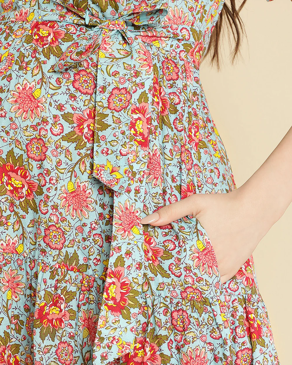 Wobbly Walk Multicolour Maternity Nursing Dress-Sweet heart Neck-Floral Print-Cotton-Bump Friendly - Image 4