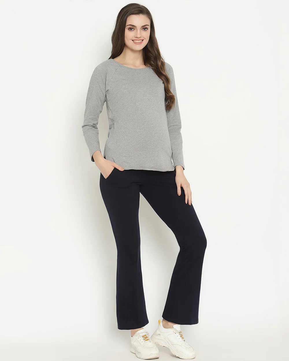 Wobbly Walk Navy Blue Maternity Trouser-Solid Color-Cotton-Boot Cut-Bump Friendly - Image 4