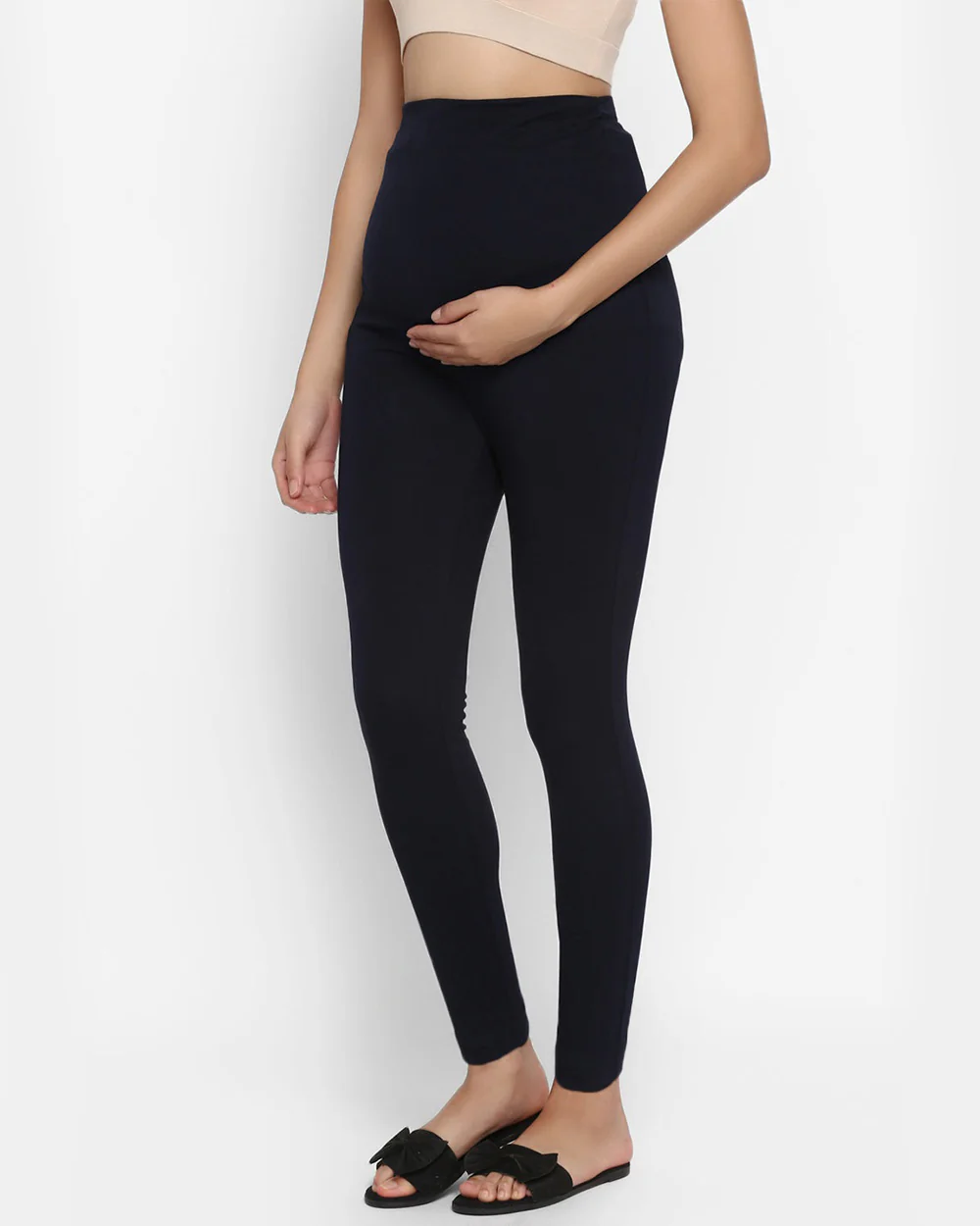Wobbly Walk Navy Blue Maternity Leggings-Solid Color-Cotton Lycra-Skinny Fit-Bump Friendly - Image 3