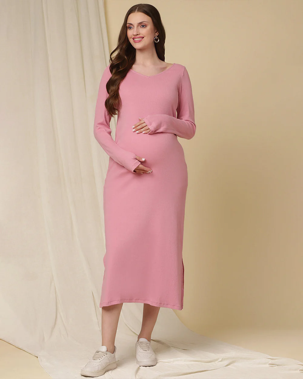Wobbly Walk Pink Maternity Dress-V Neck-Solid Color-Cotton-Bump Friendly