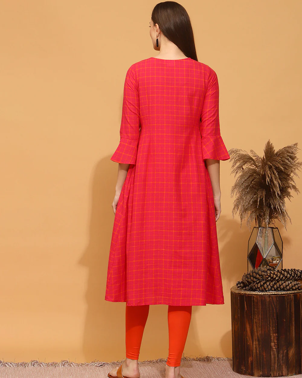 Wobbly Walk Pink Maternity Nursing Kurta Set with Leggings-Chequered Print-Cotton-Bump Friendly - Image 3