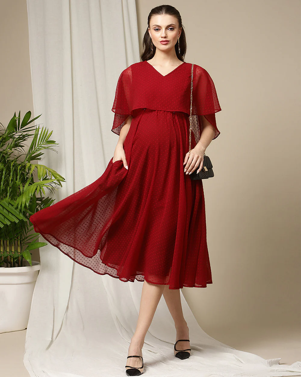 Wobbly Walk Red Maternity Nursing Dress-V Neck-Doby Print-Georgette-Bump Friendly - Image 2