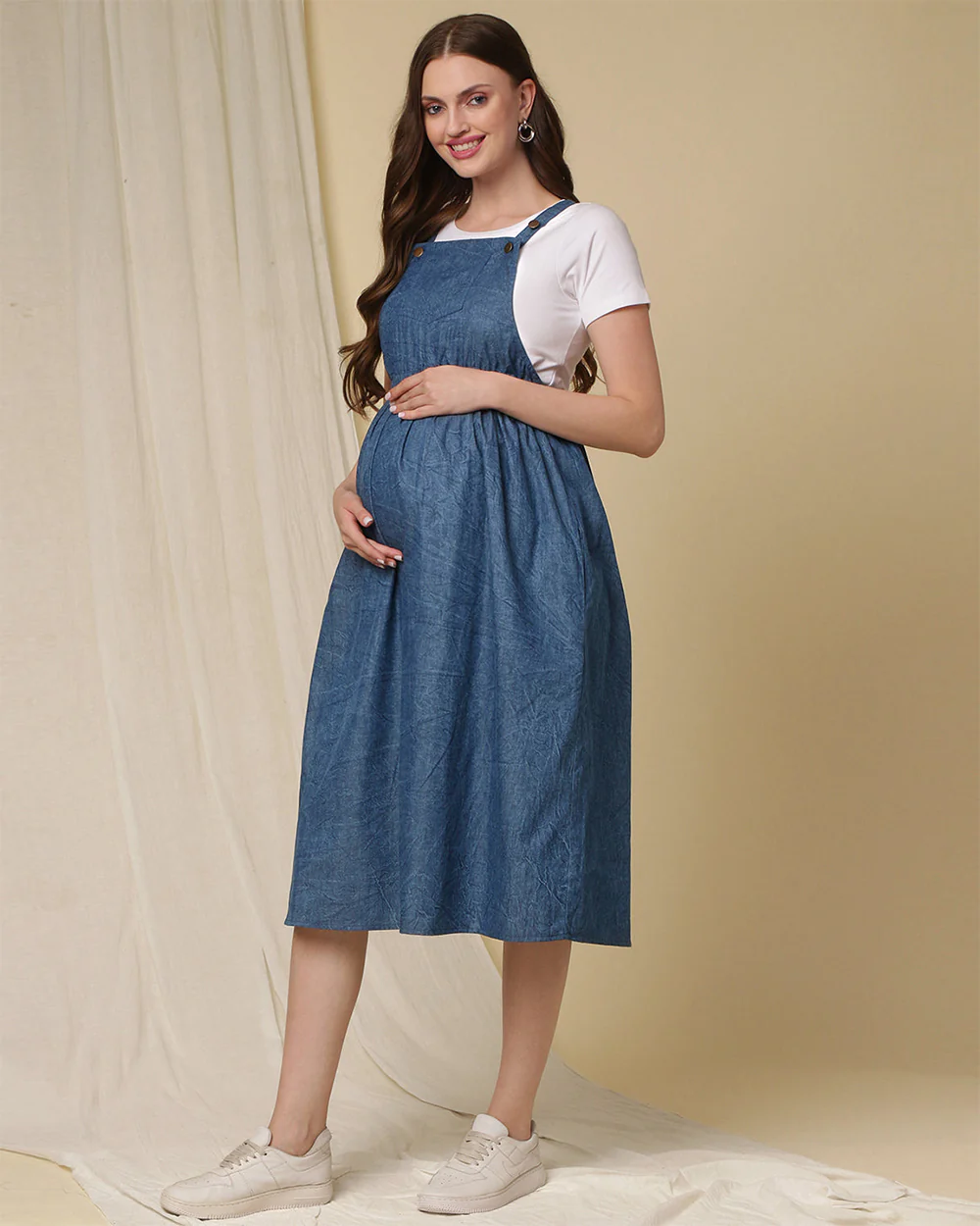 Wobbly Walk Steel Blue Maternity Overall Dress-Textured Print-Denim-Flared Fit - Image 3