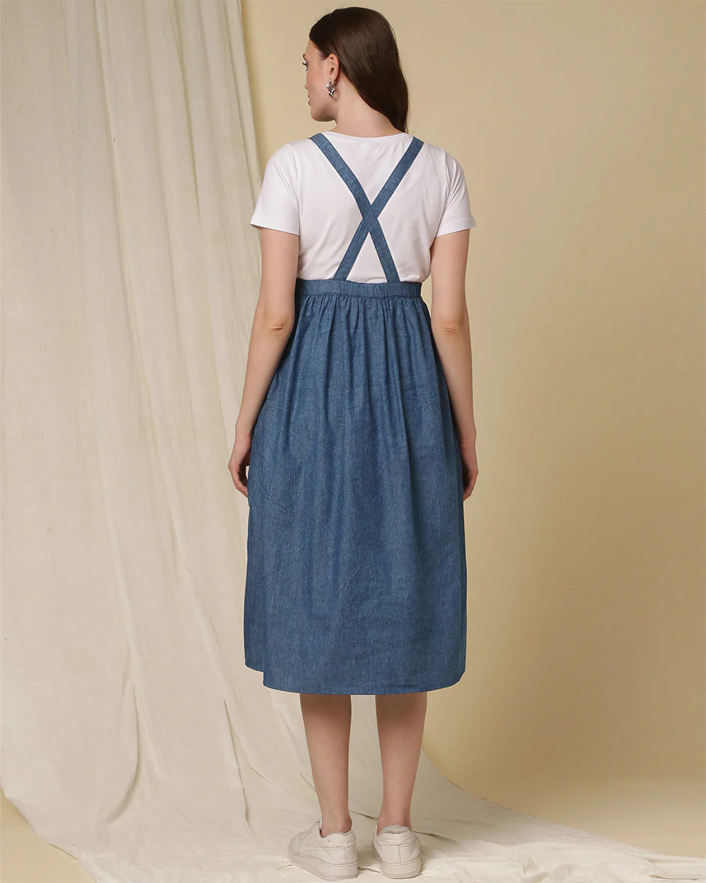 Wobbly Walk Steel Blue Maternity Overall Dress-Textured Print-Denim-Flared Fit - Image 5