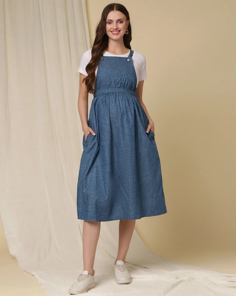Wobbly Walk Steel Blue Maternity Overall Dress-Textured Print-Denim-Flared Fit - Image 6