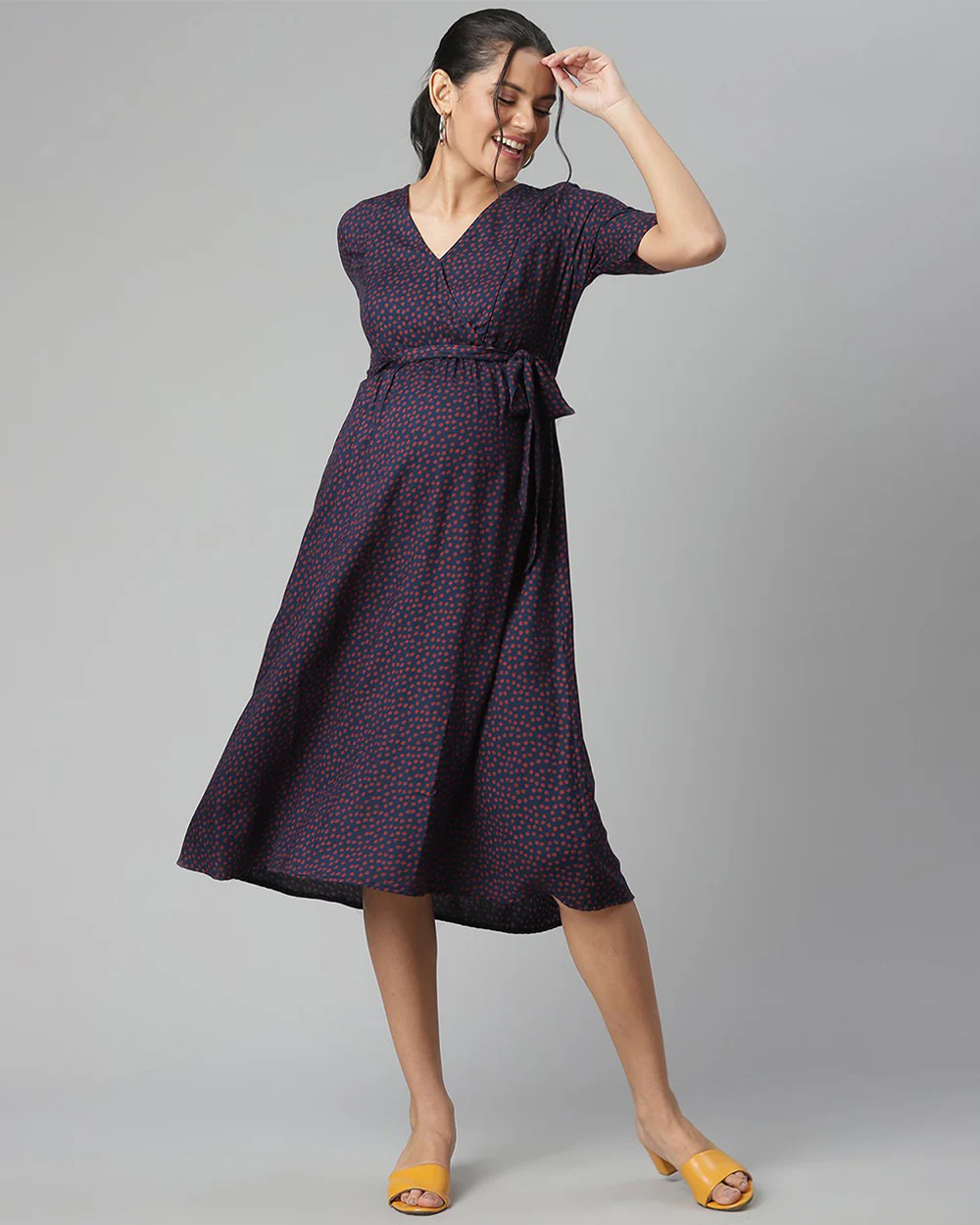 Wobbly Walk Violet Maternity Nursing Dress-Surplice neck-Polka Dots Print-Cotton Viscose-Bump Friendly - Image 3