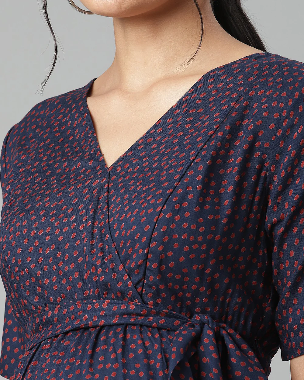 Wobbly Walk Violet Maternity Nursing Dress-Surplice neck-Polka Dots Print-Cotton Viscose-Bump Friendly - Image 4