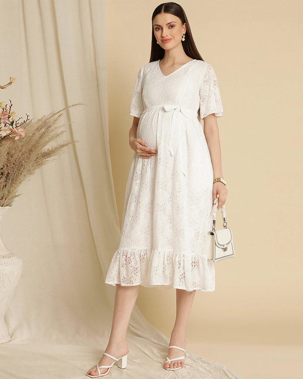 Wobbly Walk White Maternity Nursing Dress-V Neck-Self Designed Print-Cotton Lace-Bump Friendly - Image 3