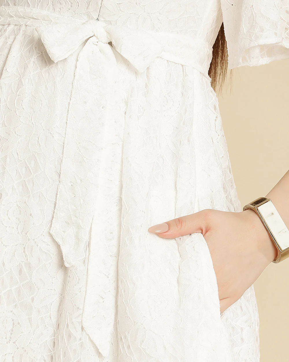 Wobbly Walk White Maternity Nursing Dress-V Neck-Self Designed Print-Cotton Lace-Bump Friendly - Image 5