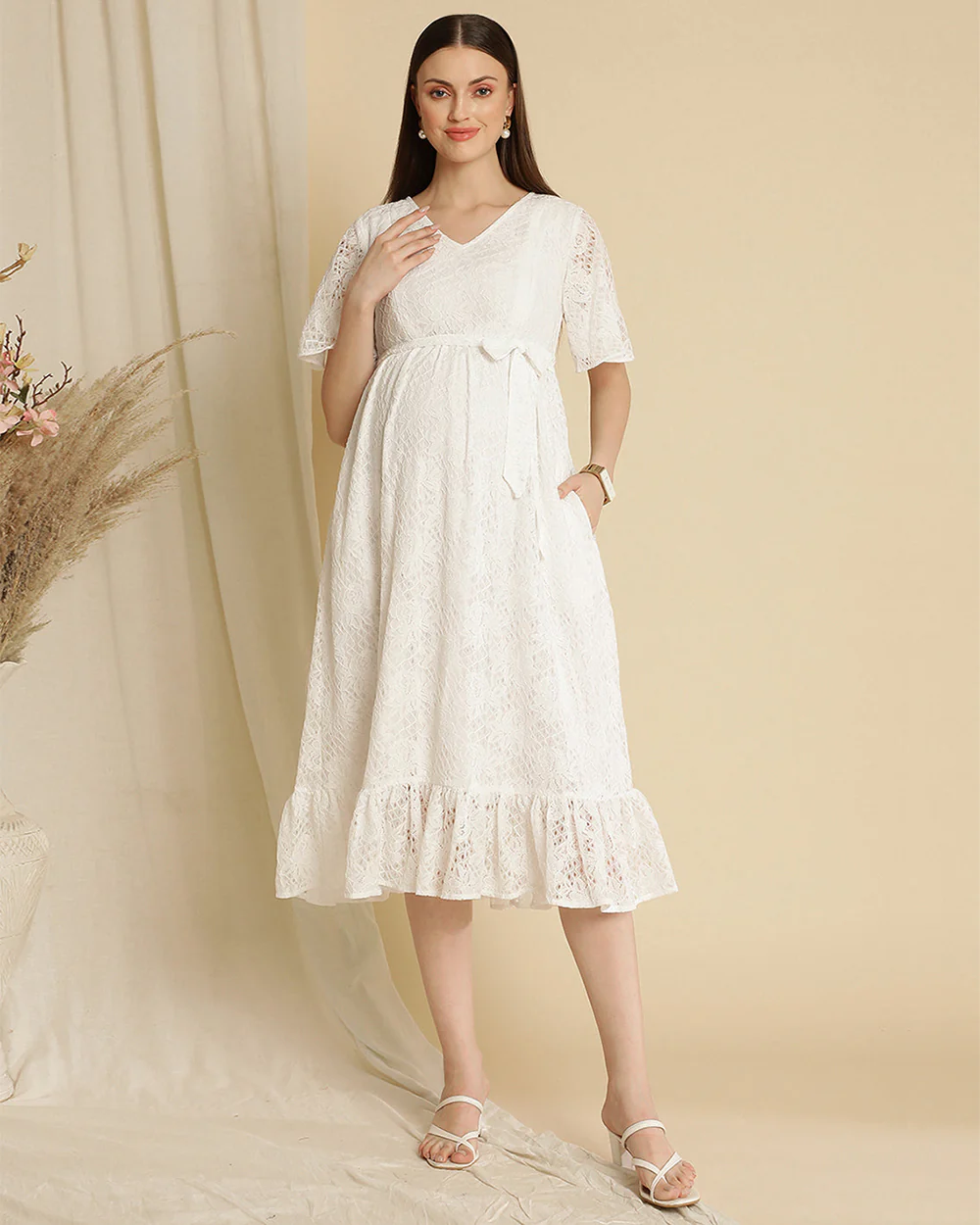 Wobbly Walk White Maternity Nursing Dress-V Neck-Self Designed Print-Cotton Lace-Bump Friendly - Image 6