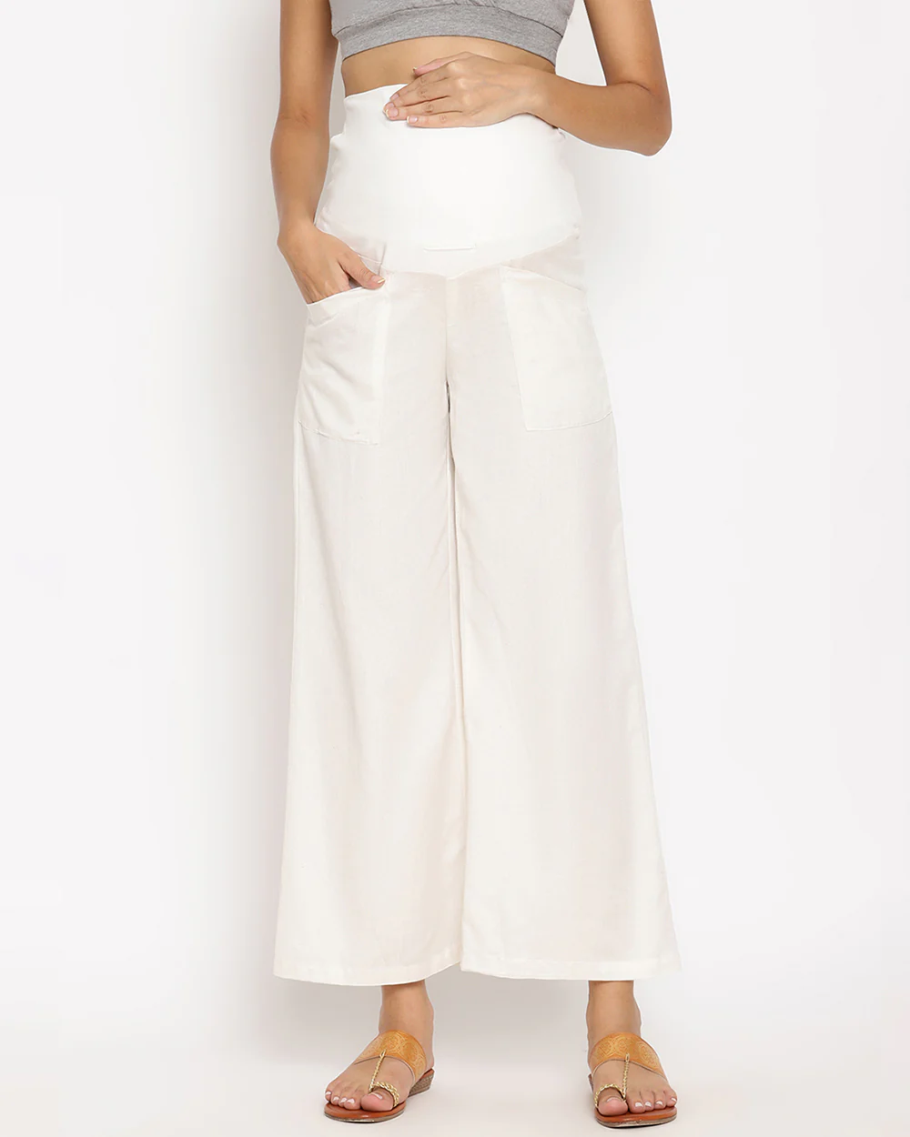 Wobbly Walk White Maternity Pant-Solid Color-Linen-Loose Fit-Bump Friendly