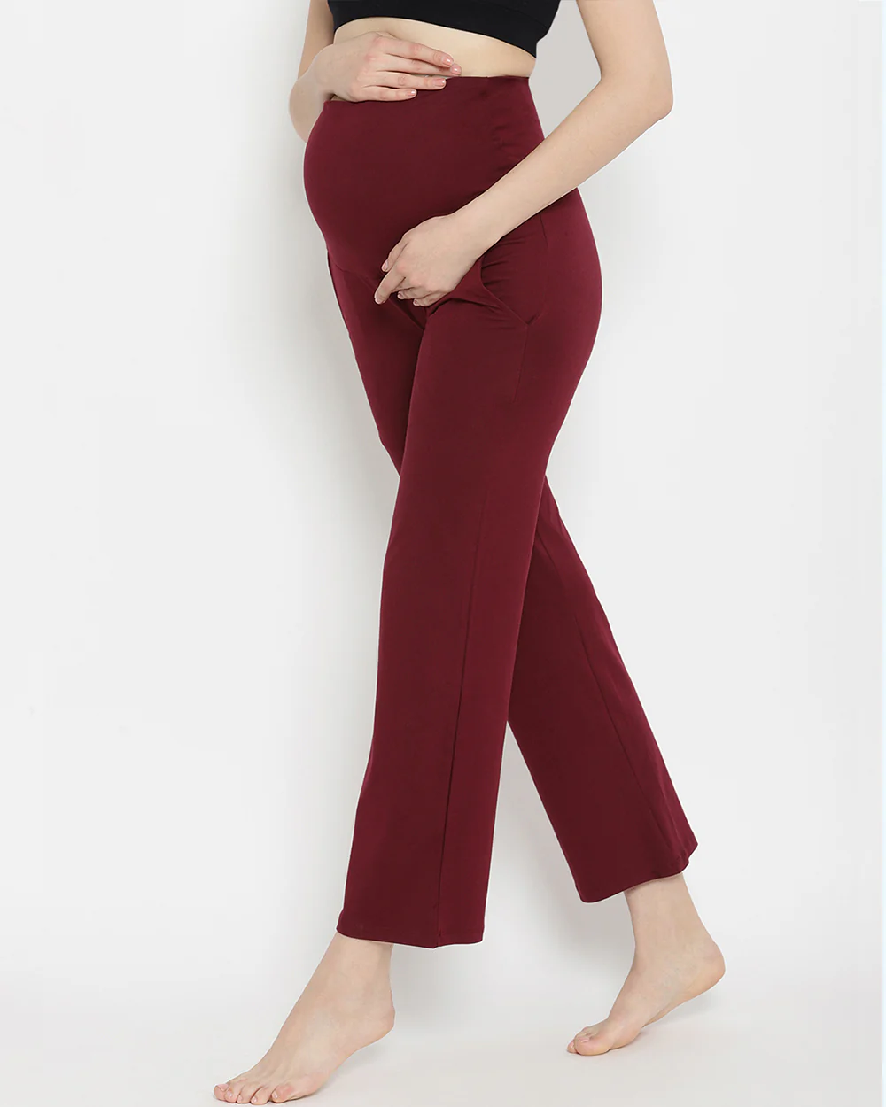 Wobbly Walk Wine Berry Maternity Wide Leg Pant-Solid Color-French Terry Cotton-Loose Fit-Bump Friendly - Image 3