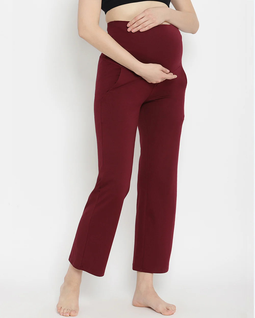 Wobbly Walk Wine Berry Maternity Wide Leg Pant-Solid Color-French Terry Cotton-Loose Fit-Bump Friendly - Image 4
