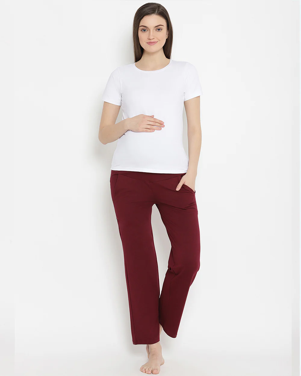 Wobbly Walk Wine Berry Maternity Wide Leg Pant-Solid Color-French Terry Cotton-Loose Fit-Bump Friendly - Image 5