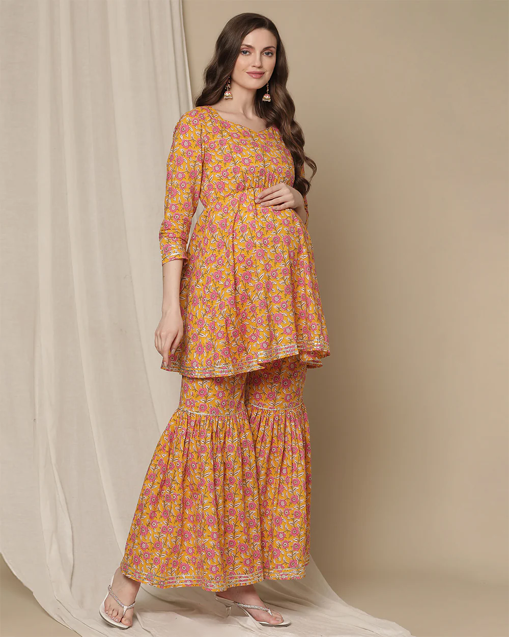 Wobbly Walk Yellow Maternity Nursing Kurta Set with Sharara-Floral Print-Cotton-Bump Friendly - Image 3