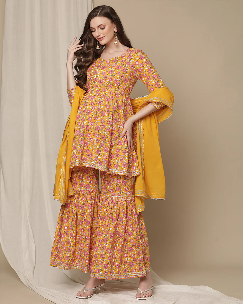 Wobbly Walk Yellow Maternity Nursing Kurta Set with Sharara-Floral Print-Cotton-Bump Friendly - Image 4