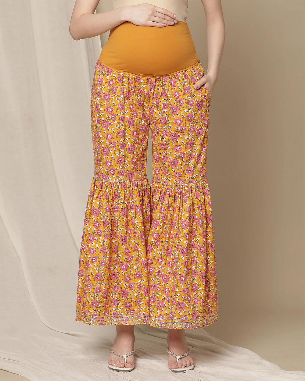 Wobbly Walk Yellow Maternity Nursing Kurta Set with Sharara-Floral Print-Cotton-Bump Friendly - Image 5
