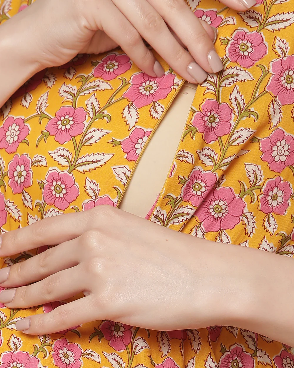 Wobbly Walk Yellow Maternity Nursing Kurta Set with Sharara-Floral Print-Cotton-Bump Friendly - Image 6
