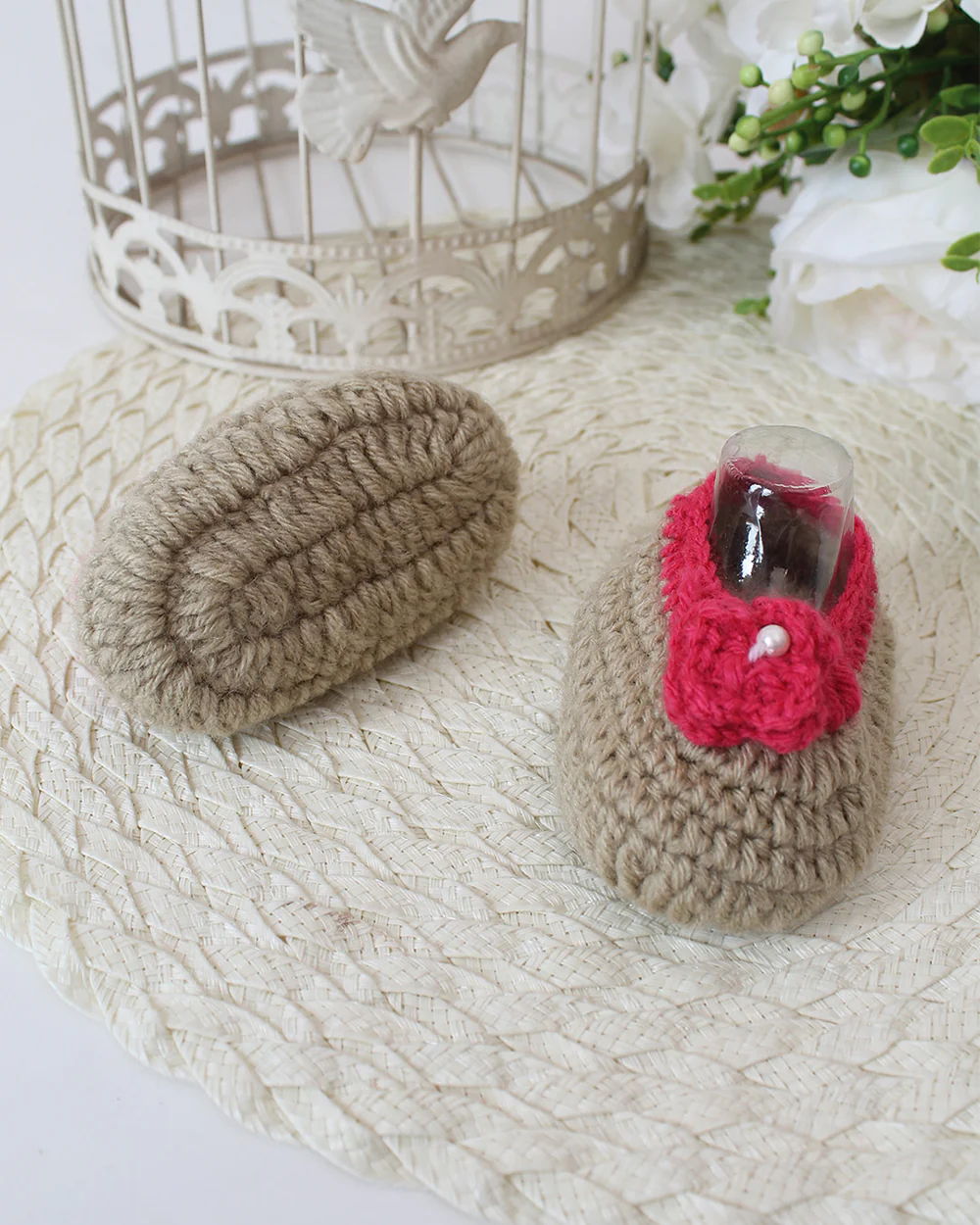 Woonie Beige & Pink Booties-Embroidered-Acrylic Handmade-For Infants - Image 2