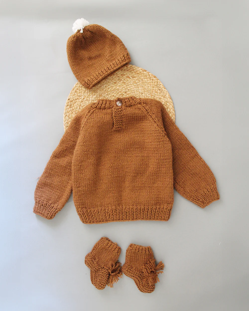 Woonie Brown Sweater With Cap-Embroidered-Acrylic Handmade-For Infants - Image 3