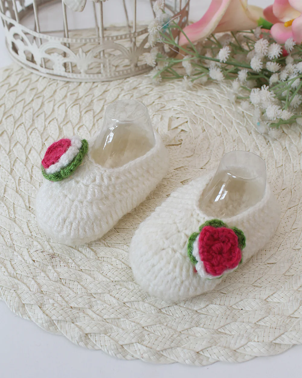 Woonie Cream Booties-Floral Embroidered-Acrylic Handmade-For Infants - Image 2