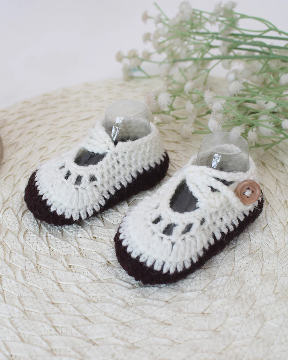 Woonie Cream Booties-Solid-Acrylic Handmade-For Infants - Image 2