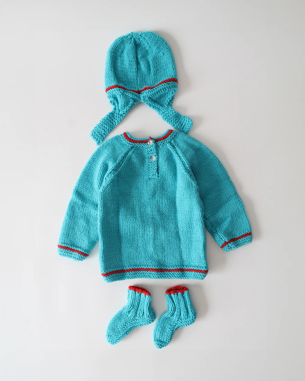 Woonie Cyan Blue Sweater With Cap & Booties-Embroidered-Acrylic Handknitted-For Infants - Image 2