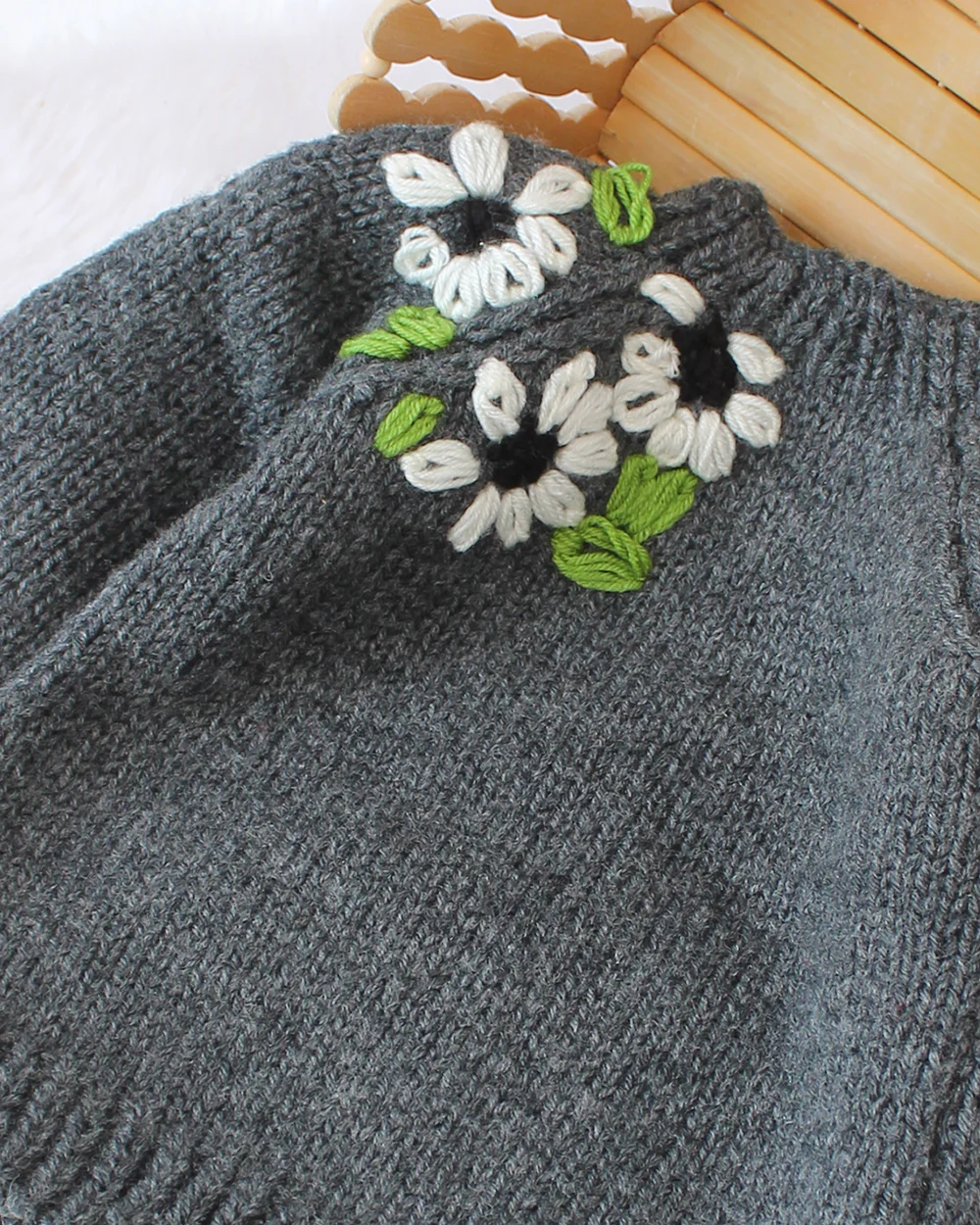 Woonie Dark Grey Sweater-Floral Embroidered-Acrylic Handmade-For Infants - Image 3