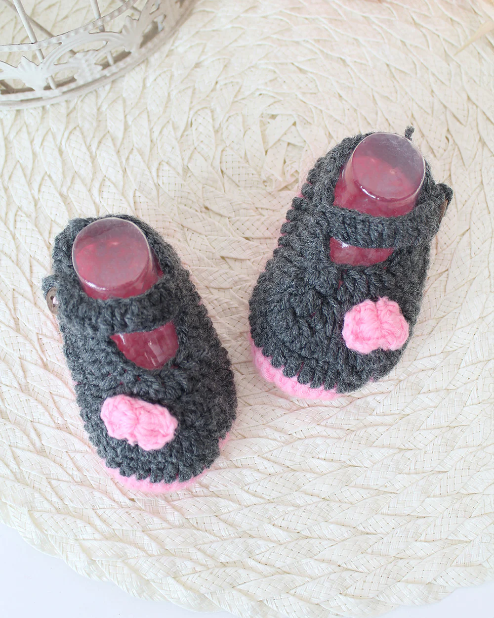 Woonie Grey & Pink Cap & Booties Set-Acrylic-Handmade-For Infants - Image 6