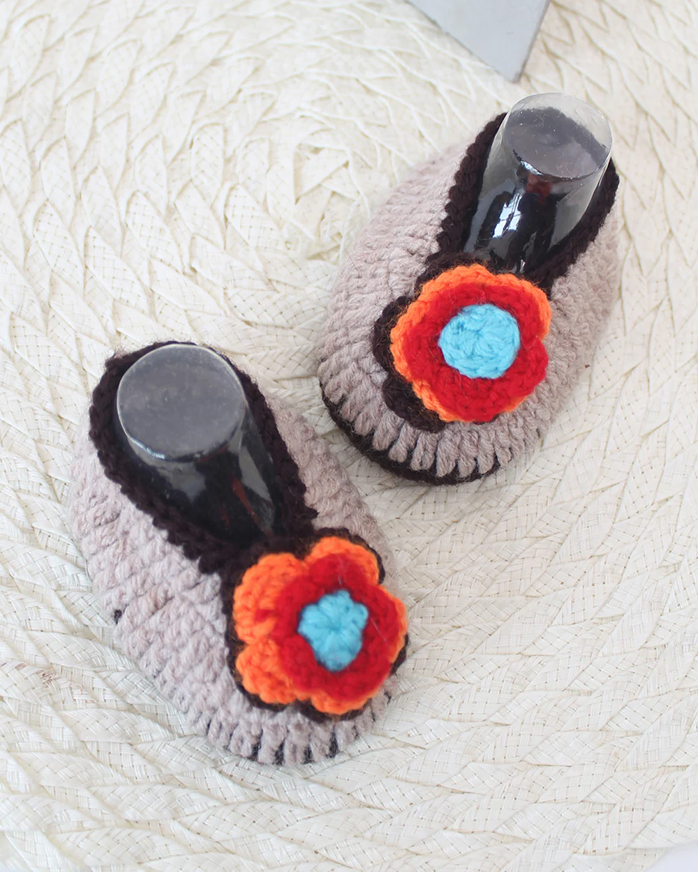 Woonie Beige Booties-Solid-Acrylic Handmade-For Infants - Image 3