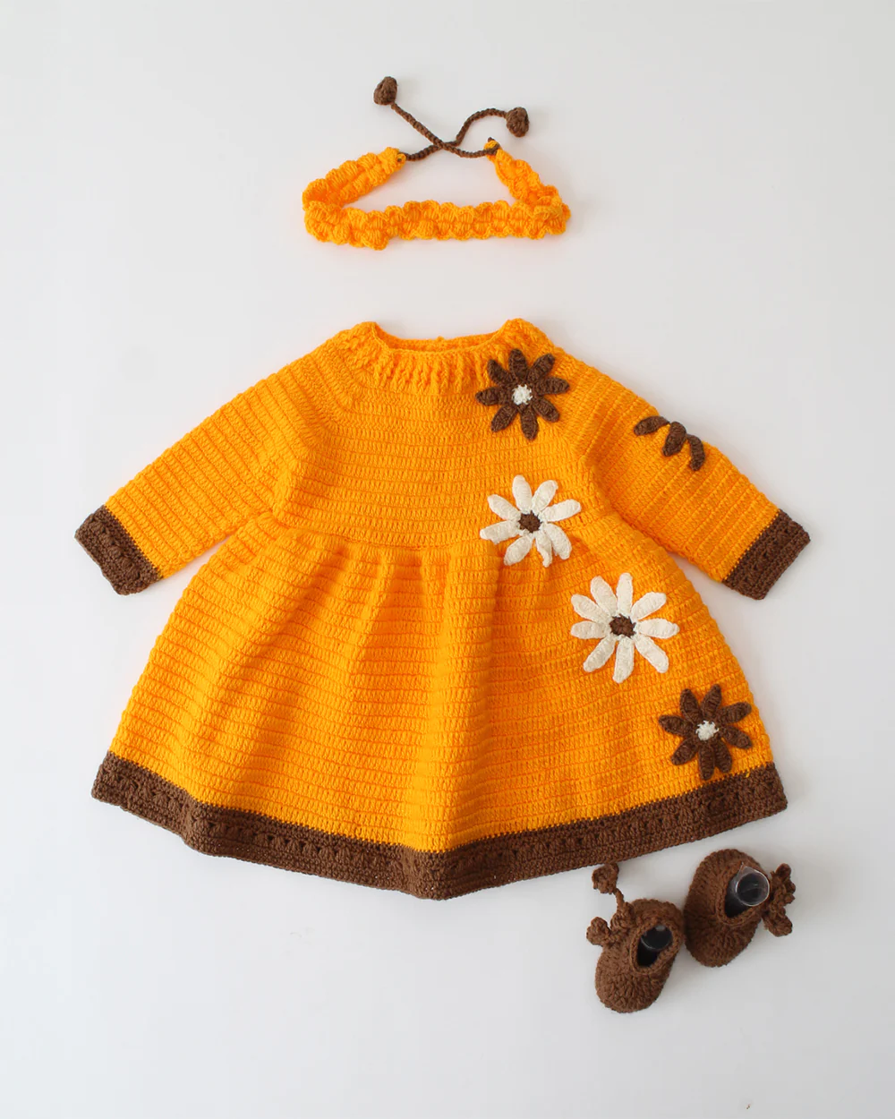 Woonie Orange Dress With Headband & Booties-Solid-Acrylic Handmade-For Infants - Image 3