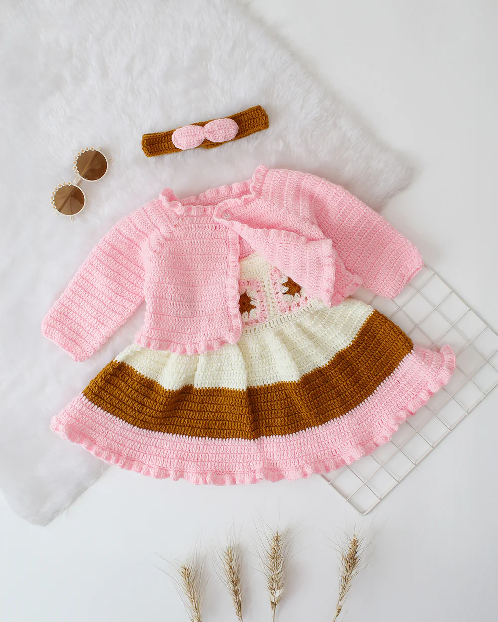 Woonie Pink Dress With Cardigan-Crochet-Acrylic Handmade-For Infants - Image 5