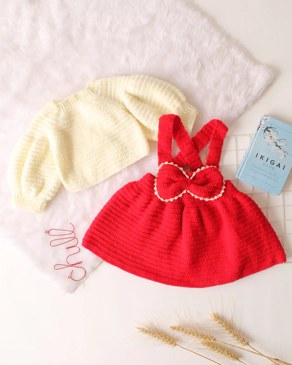 Woonie Red & Cream Dungaree Dress-Solid-Acrylic Handmade-For Infants - Image 4
