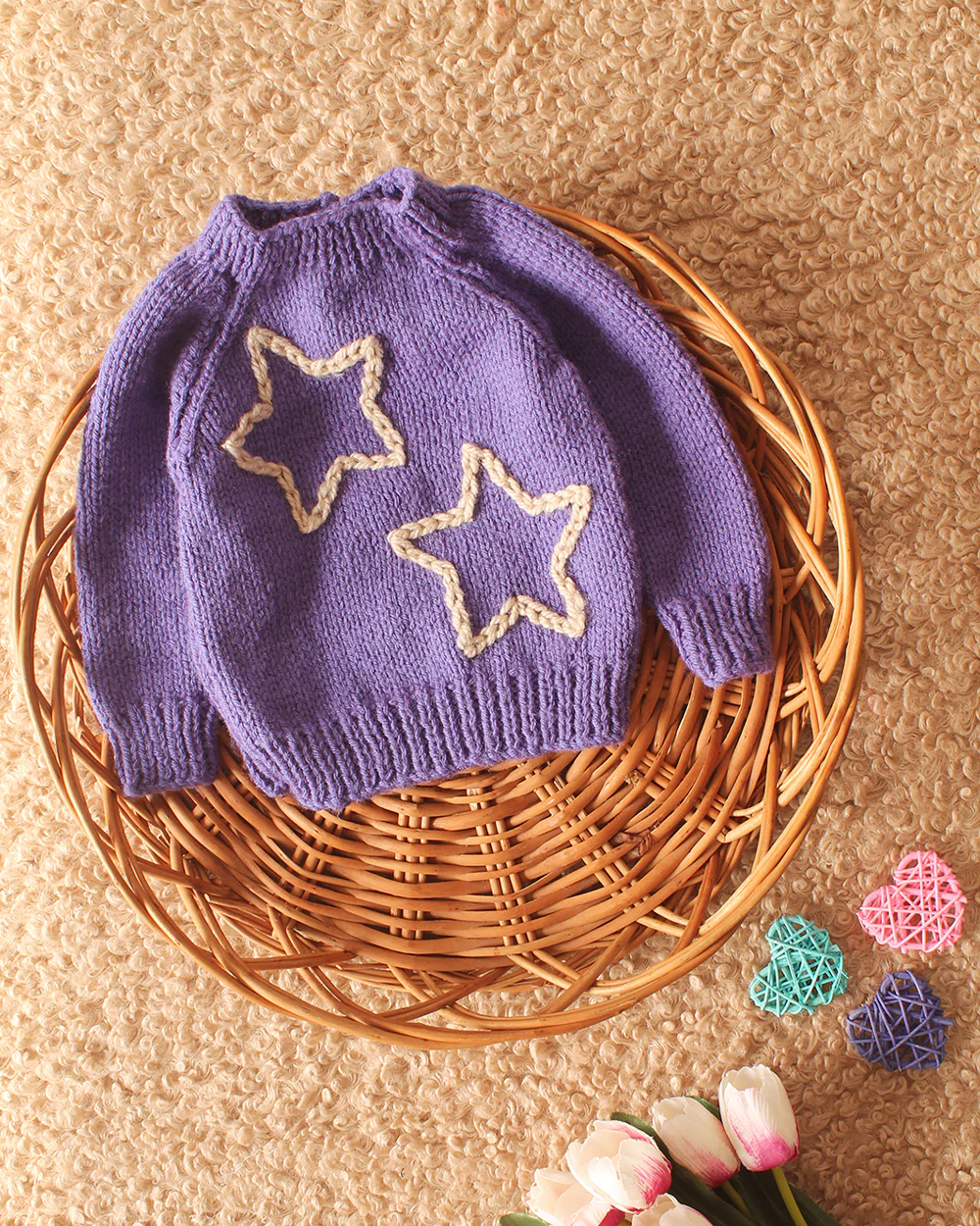 Woonie Violet Sweater-Star Embroidered-Acrylic Handmade-For Infants - Image 4