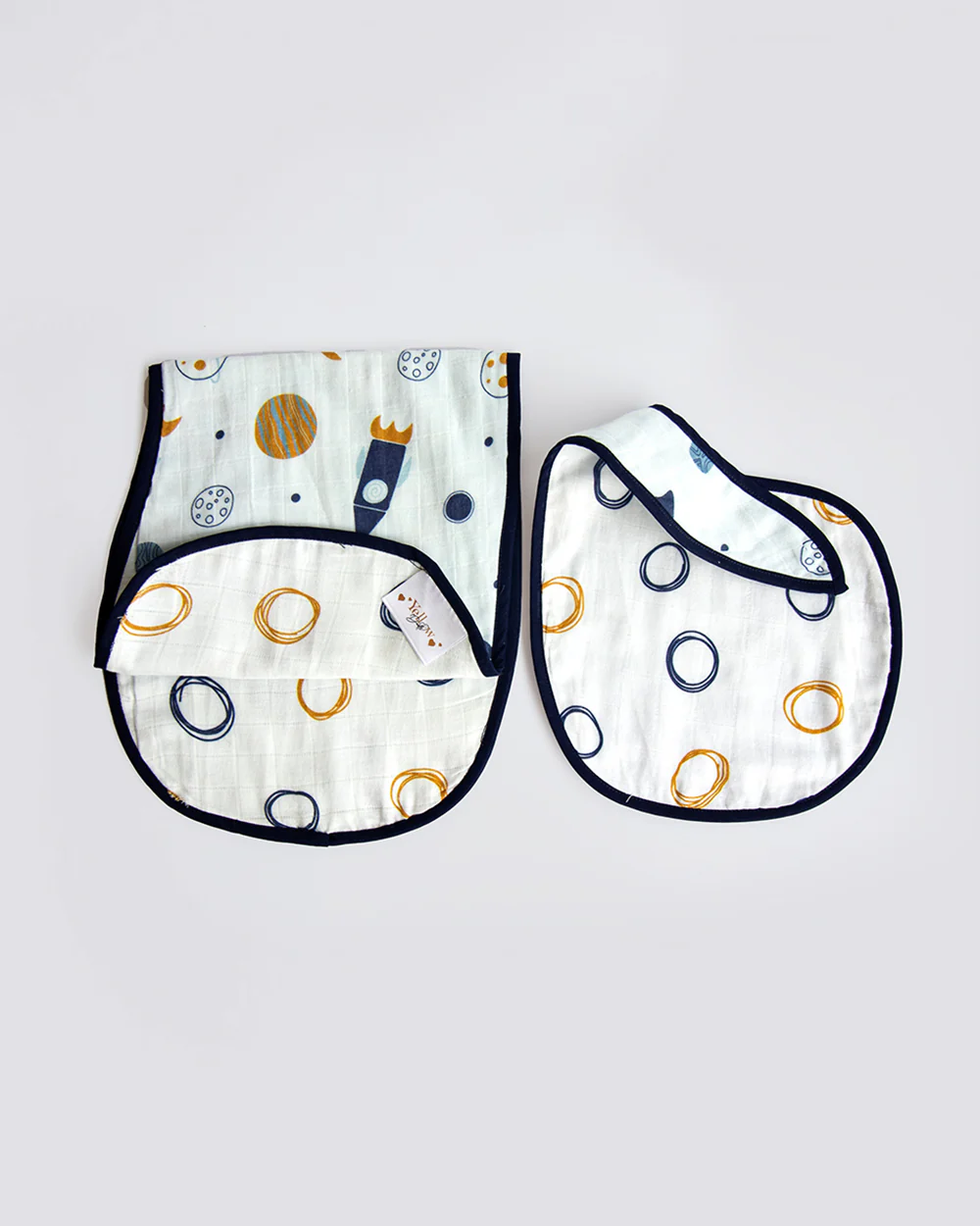 Yellow Doodle 100% Organic Cotton Muslin-Child Of The Universe-Reversible Bib & Burp Cloth Set of 2-For Infants - Image 2