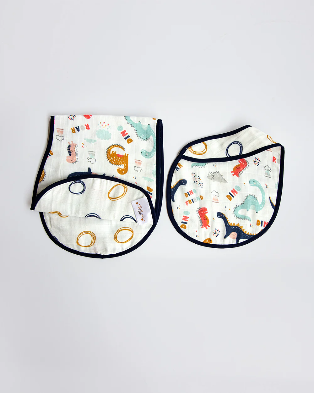 Yellow Doodle 100% Organic Cotton Muslin-Dino Friend-Reversible Bib & Burp Cloth Set of 2-For Infants