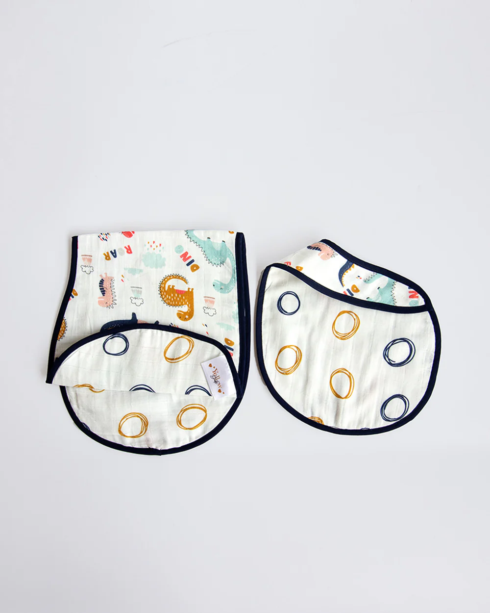 Yellow Doodle 100% Organic Cotton Muslin-Dino Friend-Reversible Bib & Burp Cloth Set of 2-For Infants - Image 2