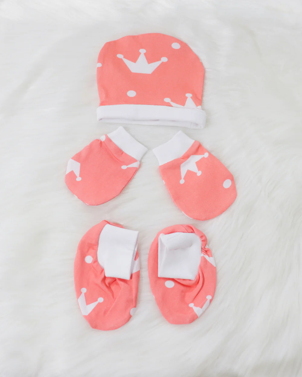 Yellow Doodle Pink Crowns Cap, Mittens & Booties-Cotton-For Infants
