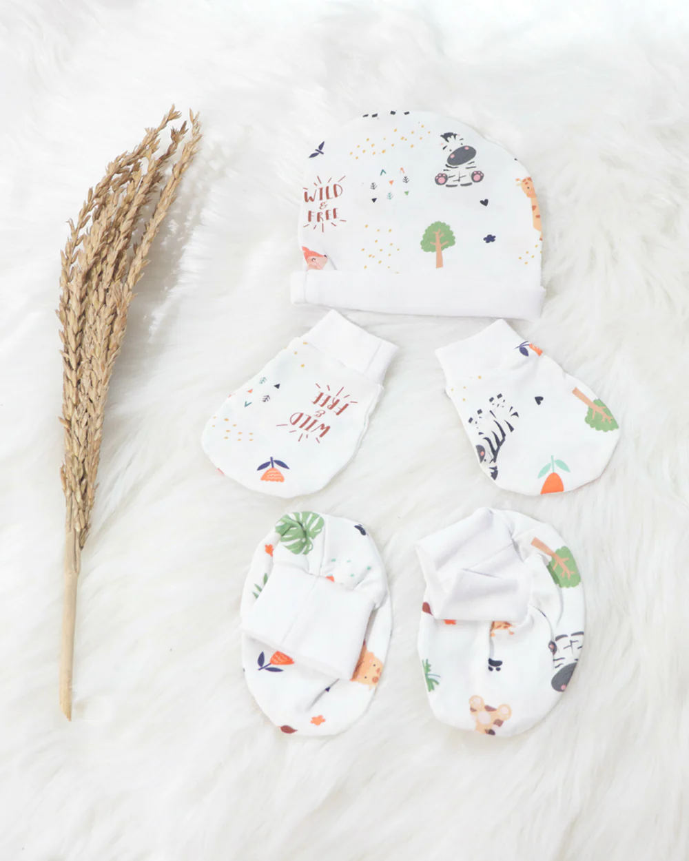 Yellow Doodle White Baby Animal Cap, Mittens & Booties-Cotton-For Infants